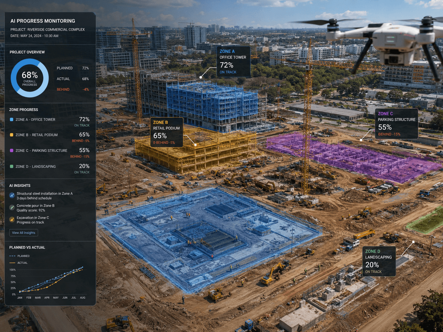 Executive progress-monitoring dashboard shown on a boardroom screen, with zone-by-zone completion, AI insights, and risk predictions