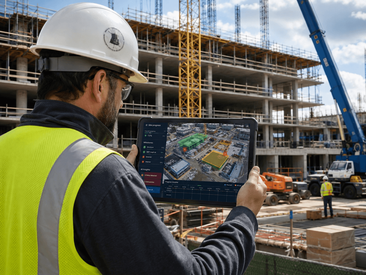 Field superintendent reviewing AI-generated site progress on a tablet at the construction site